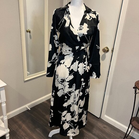 Zara Black & Off White Satin Effect Wrap Floral Print Midi Dress, Size XS - Picture 2 of 16